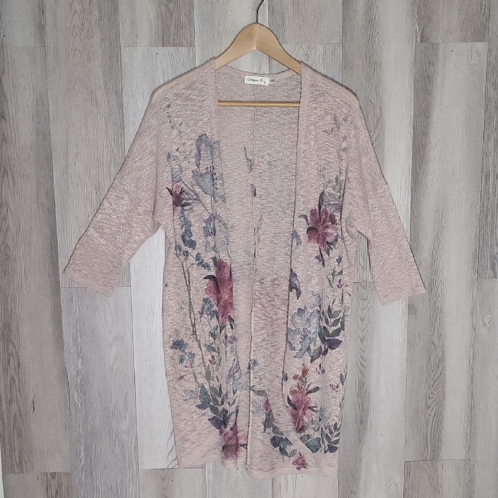 Ginger G Womens Large Long Cardigan Gauze Lightweight Floral Boho Mexico Flowy‎